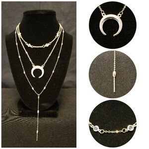 New Silver Crescent Layered Moon Necklace